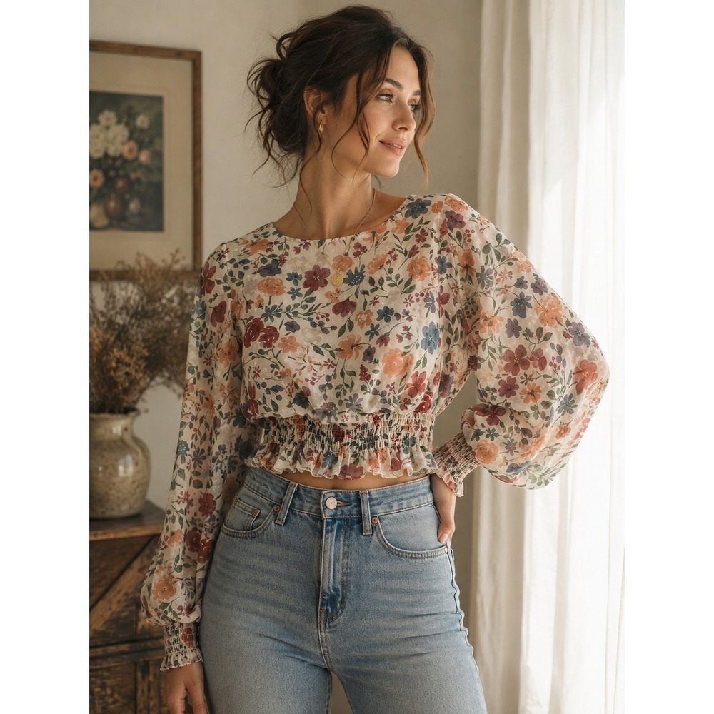 Laurel Love Women's Medium Floral Crop Blouse Smocked Waist Bishop Sleeve...
